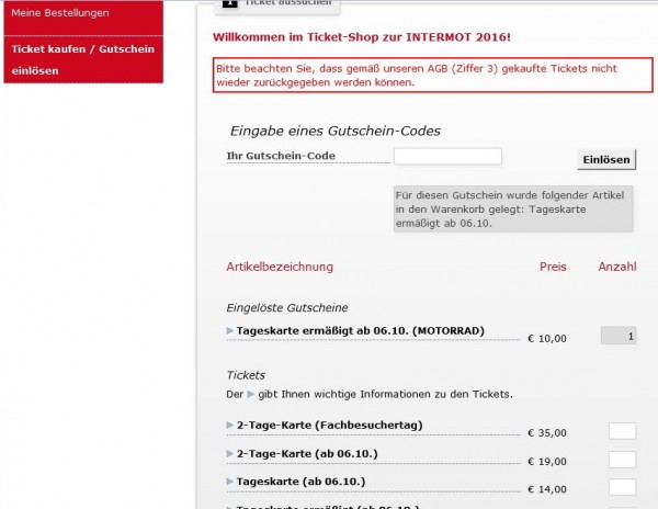 ermäßigte Tageskarte mit Gutschein-Codes MOTORRAD